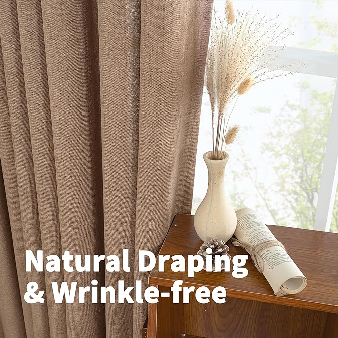 YoungsTex Mocha Brown Linen Curtains 72 Inch Length for Living Room, Light Filtering Drapes with Grommet Semi Sheer Rustic for Bedroom Windows, 2 Panels, 52 X 72 Inch