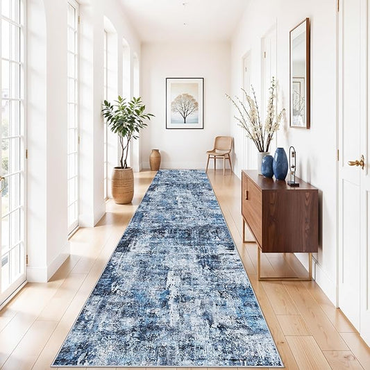 3x15 Ft Long Hallway Runner Rug - Non-Slip Washable Kitchen Runner Rug with Rubber Backing | Modern Abstract Wide Floor Carpet Runner for Indoor Entryway, Bedroom, Living Room（Blue）