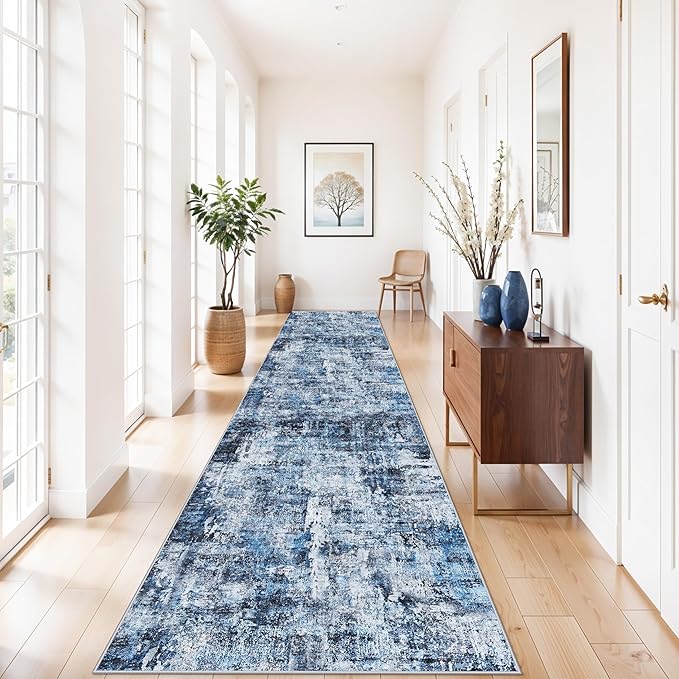 3x12 ft Long Hallway Runner Rug - Non-Slip Washable Kitchen Rug with Rubber Backing,Modern Abstract Neutral Thin Low Pile Floor Carpet Runner for Entryway,Bedroom,Living Room（Blue）