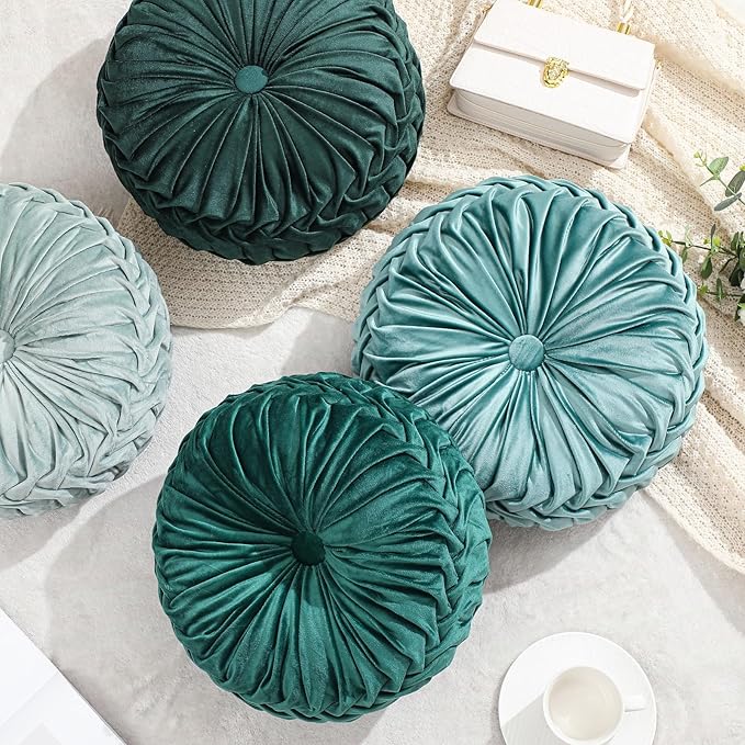 Drydiet 4 Pcs Round Throw Velvet Pillows Decorative Pleated Throw Pillows 15'' Diameter Accent Pumpkin Boho Chair Cushion for Couch Sofa Home Decoration (Sage Green)