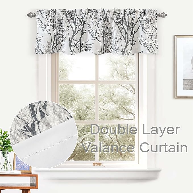 DriftAway Tree Branch Linen Lined Valance Double Layer Thermal Insulated Room Darkening Blackout Valances 3 Inch Rod Pocket Short Window Valance for Living Room Bathroom 52 Inch by 14 Inch Gray