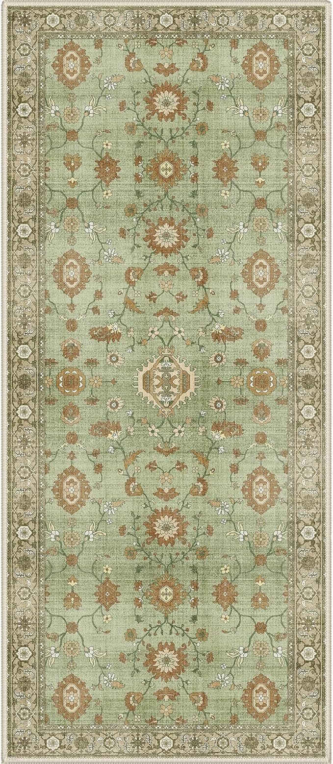 GENIMO Runner Rug for Hallways Machine Washable, 3x7 Non Slip Boho Vintage Lightweight Washable Runners, Thin Floor Rugs for Entryway Hallway Bathroom Laundry Room Corridor, Brick Sage