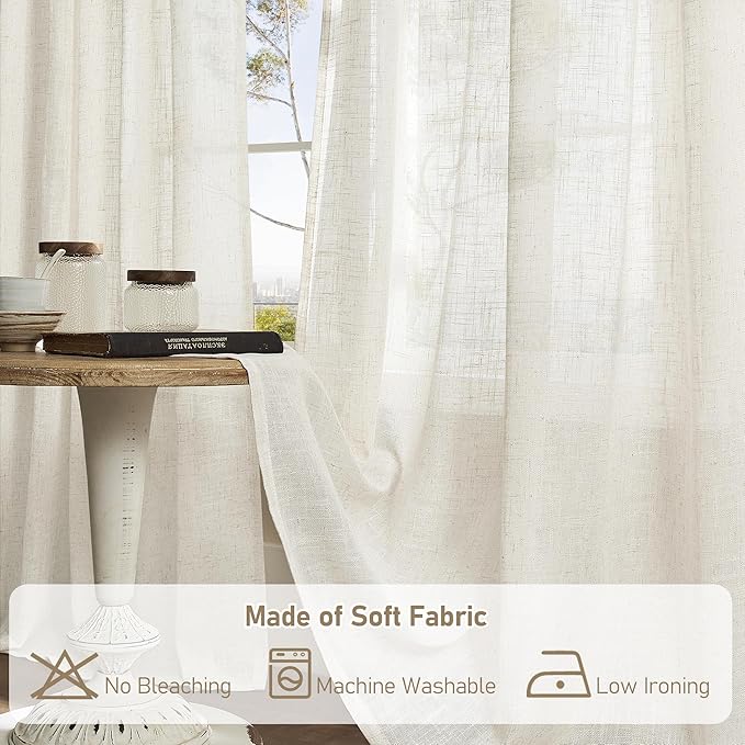 LAMIT Short Linen Kitchen Window Curtains 36 Inch Length, Over Sink Semi Sheer Light Filtering Panels Back Tab and Rod Pocket Drapes for Basement Bathroom Window, 2 Panels, Cream Ivory???34 x 36 Inch