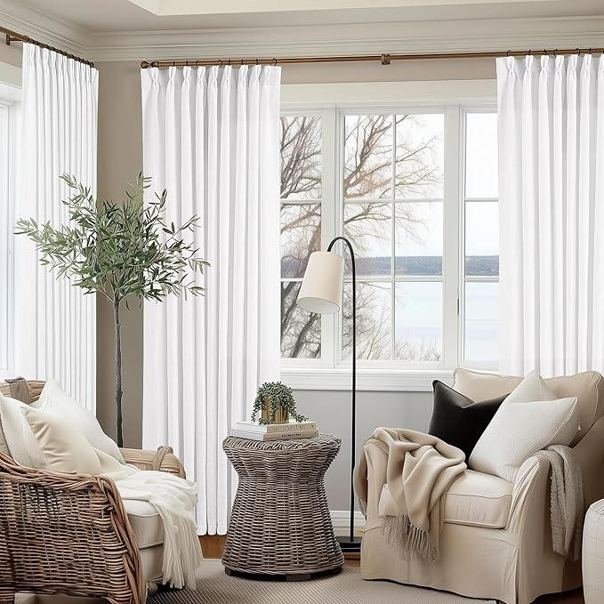 TWODRAPES Snow White Pinch Pleated Linen Curtains 1 Panel for Living Room Bedroom Memory Training Shaped Semi Sheer Pleat Drapes with Hooks Rings Light Filtering Window Curtain 60x108