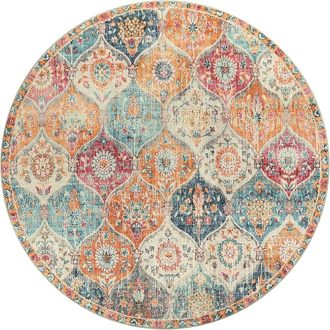 Lahome Moroccan Trellis Washable Round Area Rug, Soft Round Rugs 6ft Ultra-Thin Non-Slip, Vintage Large Circle Carpet for Bedroom Living Room Kitchen Nursery Elise, Cream/Multi
