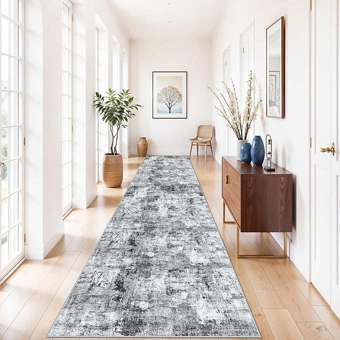 3x12 ft Long Hallway Runner Rug - Non-Slip Washable Kitchen Rug with Rubber Backing,Modern Abstract Neutral Thin Low Pile Floor Carpet Runner for Entryway,Bedroom,Living Room（Grey）