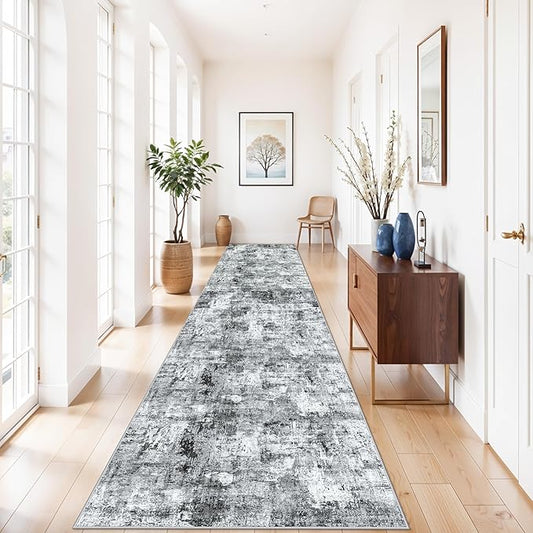 3x12 ft Long Hallway Runner Rug - Non-Slip Washable Kitchen Rug with Rubber Backing,Modern Abstract Neutral Thin Low Pile Floor Carpet Runner for Entryway,Bedroom,Living Room（Grey）