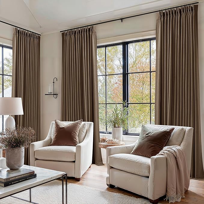 80 Inch Pinch Pleated Linen Blackout Curtains 2 Panels Set for Living Room 100% Black Out Window Curtains 80 Inches Long Pinch Pleat Dual Layer Drapes Drapes for Bedroom Office Dining Room Latte