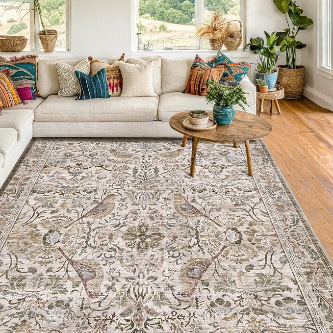 Moss 5x7 Living Room Area Rug, Vintage Washable Rug for Bedroom, Kitchen Table, Home Office, Oriental Brown Botanical Design, Low Pile Soft Carpet with Bird Pattern
