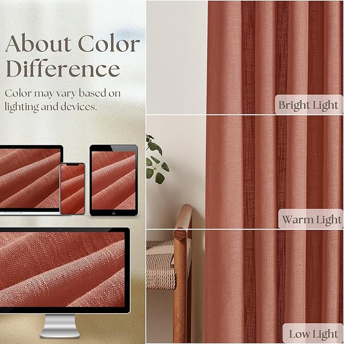 Farmhouse Terracotta Linen Curtains 102 Inches Long for Living Room Pinch Pleated Drape with Hooks Rings for Track System Light Filtering 102 Inch Curtain for Bedroom Sliding Patio Door 2 Panels