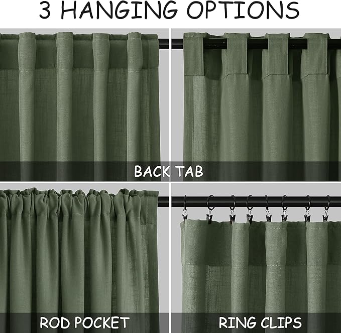 Nanspring Olive Green Linen Sheer Curtains for Living Room 2 Panels Set 88 Inch Length Back Tab Light Filtering & Breathability Semi Sheer Curtain Drapes for Bedroom 52x88