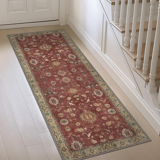 GENIMO Runner Rug for Hallways Machine Washable, 2x8 Non Slip Boho Vintage Lightweight Washable Runners, Thin Floor Rugs for Entryway Hallway Bathroom Laundry Room Corridor, Red
