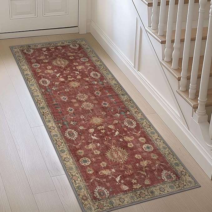GENIMO Runner Rug for Hallways Machine Washable, 2x5 Non Slip Boho Vintage Lightweight Washable Runners, Thin Floor Rugs for Entryway Hallway Bathroom Laundry Room Corridor, Red