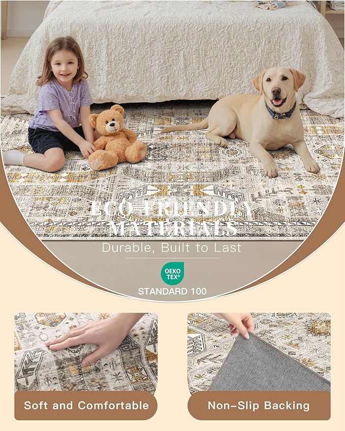 Madane Area Rug 4x6 Washable Rugs: Vintage Living Room Rug Soft Low Pile Non Slip Area Rugs Distressed Indoor Floor Carpet for Bedroom Kitchen Dining Room Home Decor, Brown/Gold