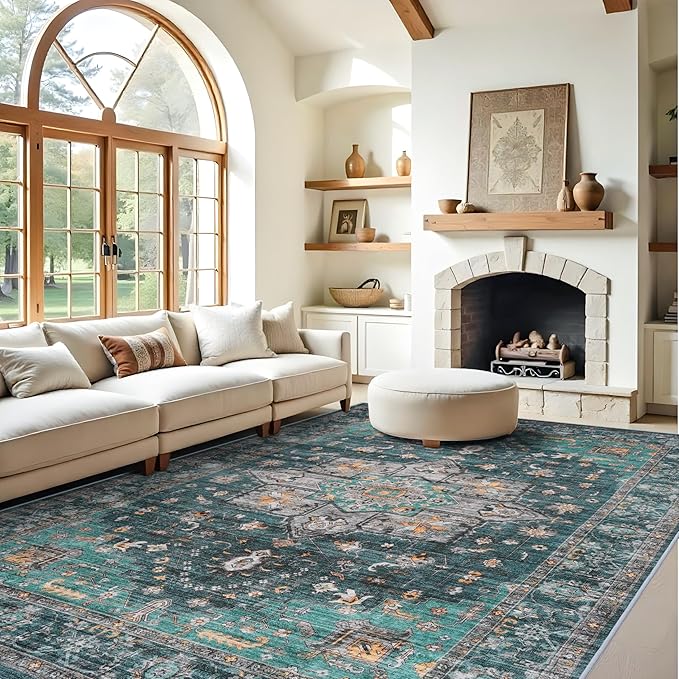 Living Room 9x12 Area Rugs - Large Boho Rugs for Living Room Stain Resistant Carpet Vintage Tribal Rugs for Bedroom Kitchen Bathroom with Non Slip Backing Home Decor Floor Decoration Mat 9x12 Teal