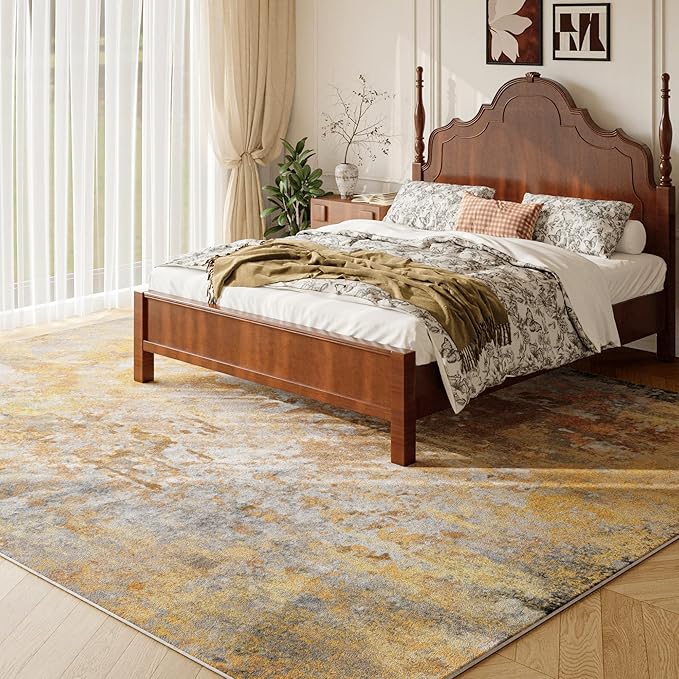 Beige Gold Washable Rug 6x9 Area Rugs for Living Room Bedroom Carpet, Indoor Vintage Abstract Boho Large Rug Non Slip Faux Wool Rugs for Dorm, Dining Room Table, Nursery, Kids Playroom