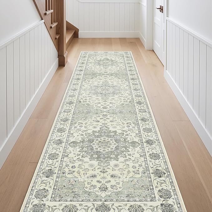 3x10 Non Slip Hallway Runner Rug - Washable Vintage Distressed Kitchen Carpet, Ultra-Thin Soft Low Pile Entryway Mat with Rubber Backing for Bedroom Living Room (Green)