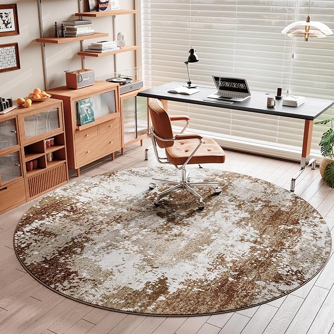 Brown Round Rugs 6ft Washable Circle Area Rug for Entryway Kitchen, Non Slip Soft Low Pile Stain Resistant, Boho Circular Carpet for Living Room Bedroom Dorm Dining Room Table, Abstract Coffee