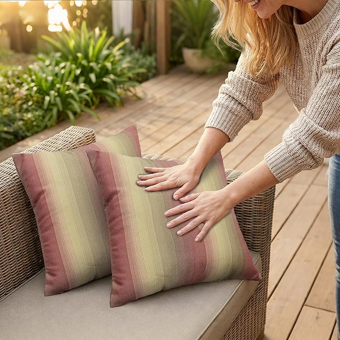 JMGBird Outdoor Pillows Set of 2 with Inserts - 18x18 Weather-Resistant Throw Pillows for Patio Furniture, Dark Red Striped Decorative Cushions