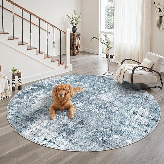 Soalmost 9x9 Blue/Grey Round Rug 9ft Living Room Circle Rug Vintage Round Area Rug Non Slip Indoor Carpet for Apartment
