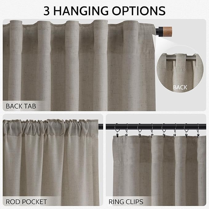 Nanspring Grey Beige Linen Curtains for Living Room 72 Inches Long Luxury Light Filtering Semi Sheer Curtain Back Tab Simple Modern Neutral Elegant Boho Gray Drapes for Bedroom 52x72, 2 Panels