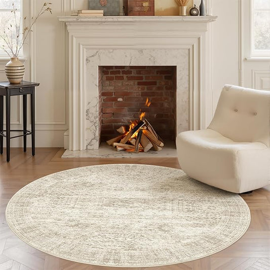 Soalmost 5x5 Beige Round Rug 5ft Living Room Circle Rug Vintage Round Area Rug Non Slip Indoor Carpet for Entryway Dining Room Bedroom