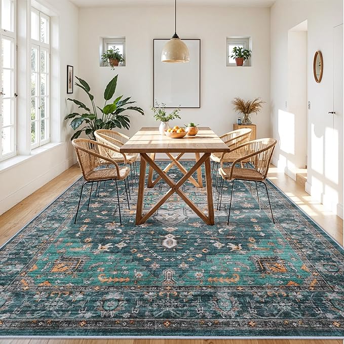 Living Room 9x12 Area Rugs - Large Boho Rugs for Living Room Stain Resistant Carpet Vintage Tribal Rugs for Bedroom Kitchen Bathroom with Non Slip Backing Home Decor Floor Decoration Mat 9x12 Teal