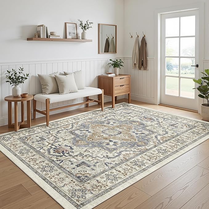 Beige 5x7 Washable Area Rug, Non-Slip Soft Ultra-Thin Polyester Carpet with Vintage Stain Resistant Indoor Rug for Living Room, Bedroom, Dining Room, Nursery Oeko-TEX - Beige/Blue