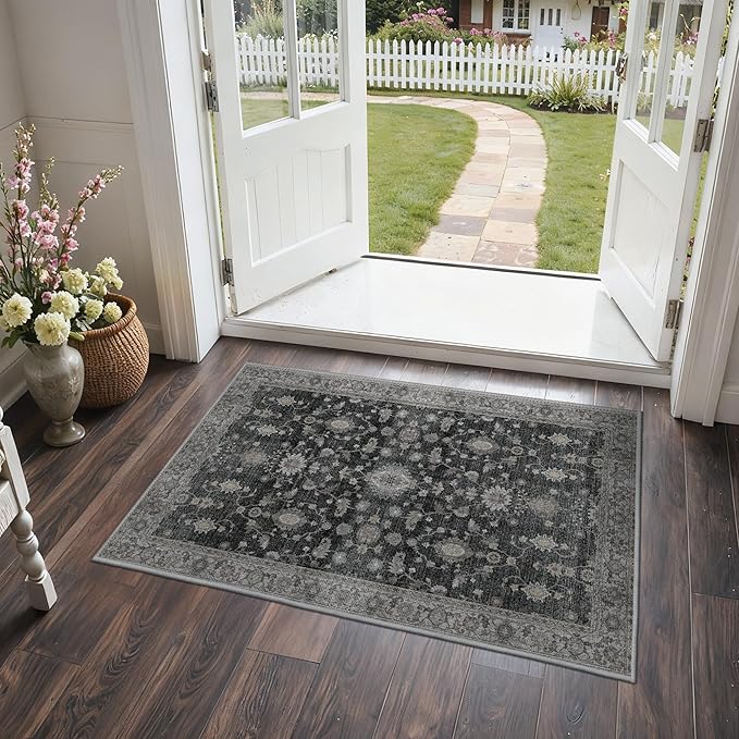 GENIMO Entryway Rug Floral Rug, 2x3 Washable Door Mat Non Slip, Thin Floor Rugs for Entryway Hallway Bathroom Laundry Room Corridor, Charcoal
