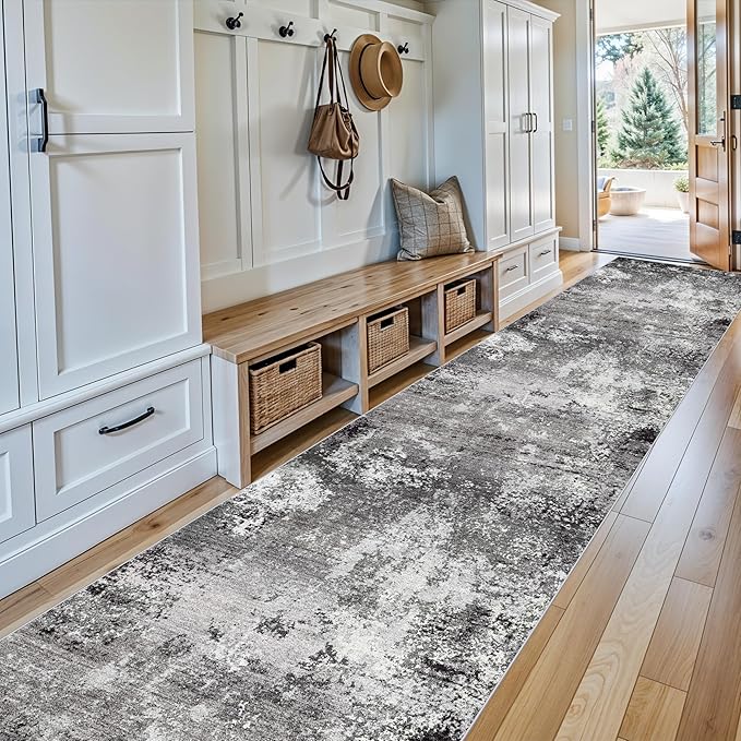 3x15 Ft Long Hallway Runner Rug – Non-Slip Washable Kitchen Floor Rug with Rubber Backing, Modern Low Pile Thin Wide Carpet Runners for Bedroom, Entryway Indoor (Black Grey,3x15)