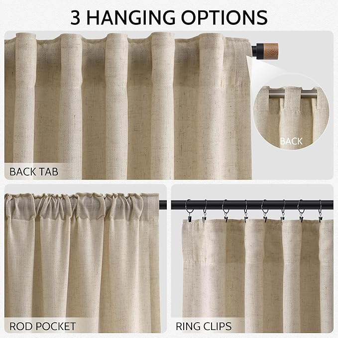Nanspring Taupe Burlywood Curtains 108 Inches Long for Living Room Linen Burlap Rustic Farmhouse Sheer Curtains with Back Tab Floor to Ceiling High Window Curtain for Bedroom 52x108, 2 Panels