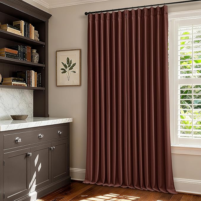Maroon Blackout Pinch Pleated Linen Curtains 105 Inches Long for Living Room 2 Panels Thermal Insulted Dual Layer Drapes Ceiling Floor 105 Inch Window Curtains Bedroom Chestnut Reddish Brown