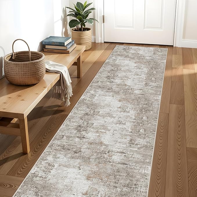 2x10 Ft Long Runner Rug for Hallway – Non-Slip Washable Floor Runner for Kitchen Indoor Entryway, Bedroom, Living Room,Modern Abstract Low-Pile Thin Carpet （Beige Grey）