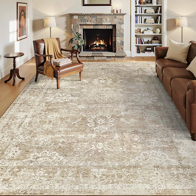 Madane 5x7 Area Rugs for Living Room, Washable Vintage Neutral Rug with Non-Slip Backing, Soft Floral Print Throw Rugs Floor Low Pile Carpet for Bedroom Dining Room Farmhouse (5 x 7, Beige/Brown)