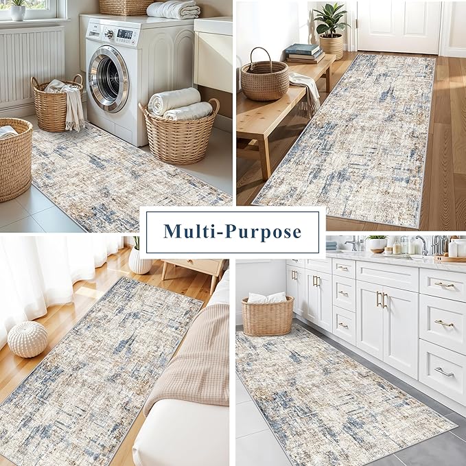 3x7 Washable Non-Slip Kitchen Runner Rug – Modern Abstract Neutral Beige & Gray Carpet for Hallway, Entryway, Bedroom, Laundry Room – Low-Pile Thin Wide Floor Runner with Rubber Backing（Blue Brown）