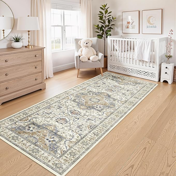 Washable Hallway Runner Rug - 3x8 Floor Carpet Rug Distressed Low Pile Mats Non Slip Soft Rugs for Dining Room with Rubber Backing Bedroom Runner with Vintage Design (Beige/Blue 3x8)