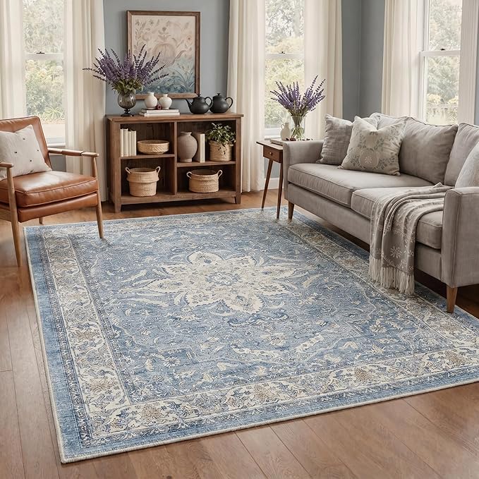 GENIMO Runner Rug for Hallways Machine Washable, 2x8 Non Slip Boho Vintage Lightweight Washable Runners, Thin Floor Rugs for Entryway Hallway Bathroom Laundry Room Corridor, Blue