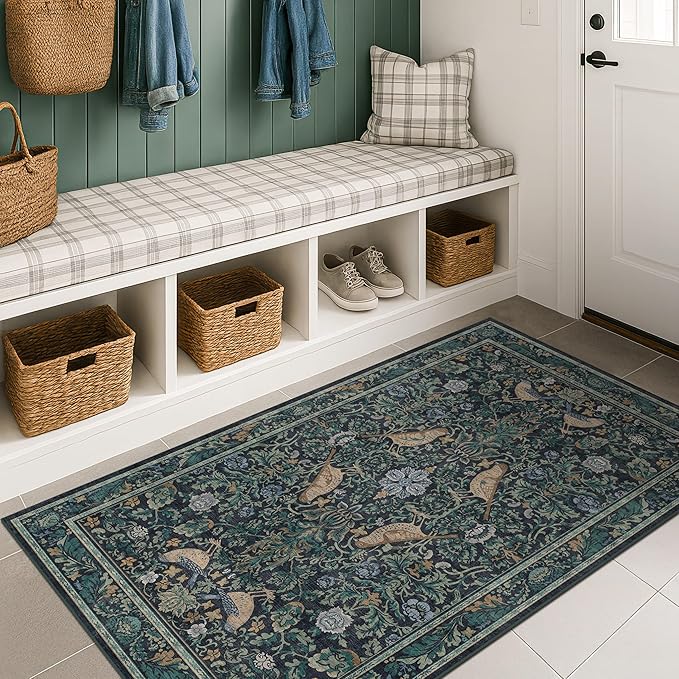 Traditional Washable Entryway Rugs, 3x4 Blue and Green Floral Kitchen Mat for Floor, Bedside, Rug for Laundry Room Floor Non Slip, Moody Stain Resistant Low Plie Carpet