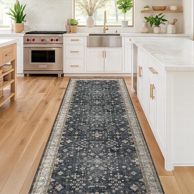 Hazo Haus Black Boho Washable 3x16 Extra Long Runner Rug for Hallway, Waterproof Large Kitchen Floor Rug, Non-Slip Stain & Fade Resistant, Vintage Floral Decor