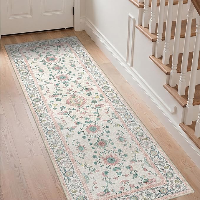GENIMO Runner Rug for Hallways Machine Washable, 2x6 Non Slip Boho Vintage Lightweight Washable Runners, Thin Floor Rugs for Entryway Hallway Bathroom Laundry Room Corridor, Multi Pink