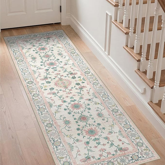 GENIMO Runner Rug for Hallways Machine Washable, 2x6 Non Slip Boho Vintage Lightweight Washable Runners, Thin Floor Rugs for Entryway Hallway Bathroom Laundry Room Corridor, Multi Pink