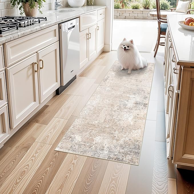 2x5 Washable Kitchen Rug Runner – Non-Slip Abstract Modern Neutral Small Rug for Bathroom, Hallway, Bedroom, Laundry Room, Entryway – Soft Low-Pile Thin with Rubber Backing (Beige Grey, 2x5)
