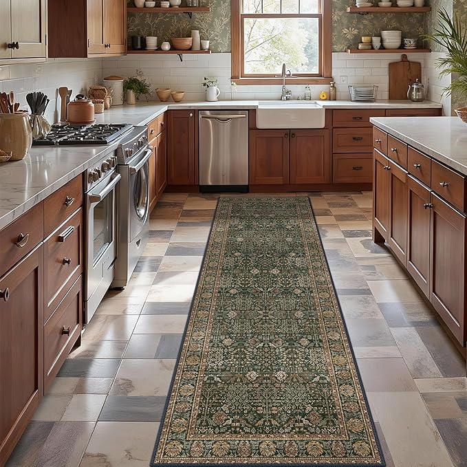 Bavni Washable Rug Runners for Hallways-Vintage Runner Rug 2'6''x10 Low Pile Floral Rugs, Non-Slip Indoor Throw Carpet for Living Room Bedroom Kitchen, Dark Green/Multi