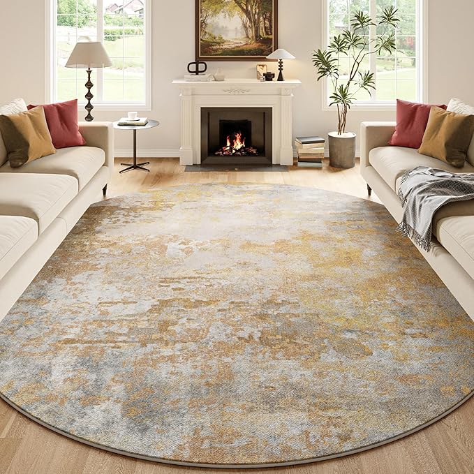 Beige Gold Round Rugs 6ft Washable Circle Area Rug for Entryway Kitchen, Non Slip Soft Low Pile Stain Resistant, Boho Circular Carpet for Living Room Bedroom Dorm Dining Room Table, Abstract