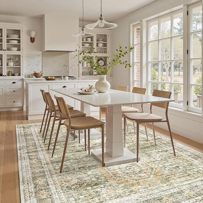 Soalmost 5x7 Area Rugs Green Orange Low Pile Indoor Washable Trendy Faded Style Rugs for Bedroom Living Room Dining Room Foldable Non-Slip Thin Print Mat