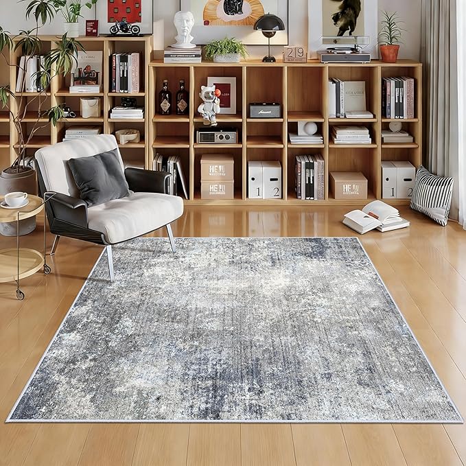 5x5 Rug Square for Living Room – Machine Washable Non-Slip Area Rug for Kitchen Entryway Bathroom – Modern Neutral Abstract Soft 5ft Indoor Carpet (Blue Grey, 5x5)