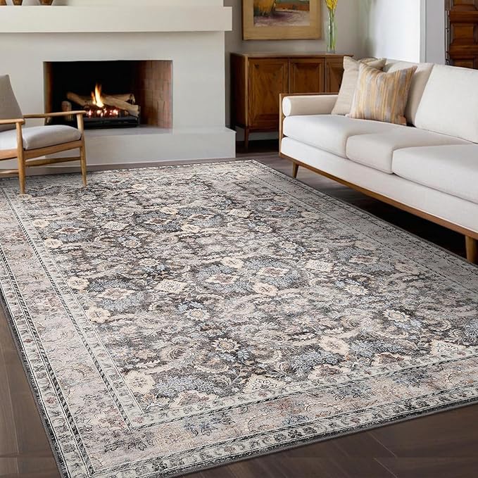GarveeHome Vintage Floral Area Rug 8x10 Large Soft Washable Rugs for Living Room, Ultra-Soft Retro Distressed Neutral Carpet, Low Pile Non Slip Oriental Floor Mats for Bedroom, Beige Brown