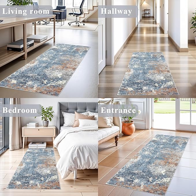 2x5 Washable Kitchen Rug Runner – Non-Slip Abstract Modern Neutral Small Rug for Bathroom, Hallway, Bedroom, Laundry Room, Entryway – Soft Low-Pile Thin with Rubber Backing (Blue Rust, 2x5)