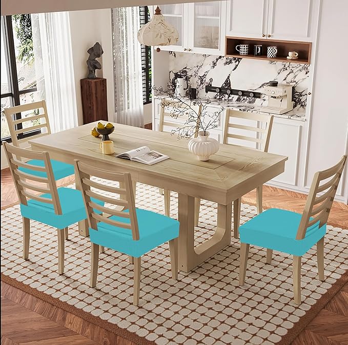 Smiry Waterproof Seat Covers for Dining Room Chairs Set of 8, Stretch Jacquard Removable Washable Chair Seat Slipcovers Protector, No Rear Covers, Aqua