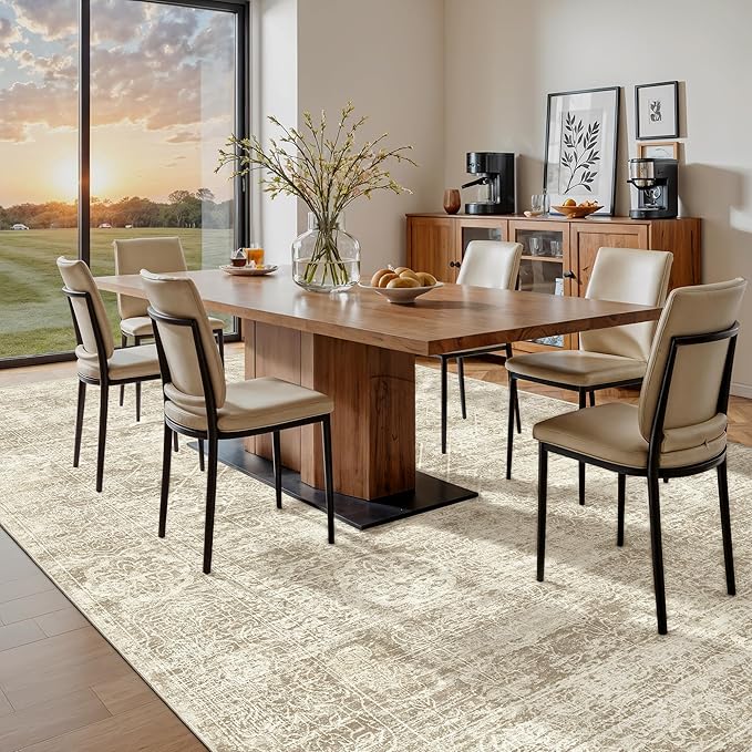 Madane 8x10 Area Rugs for Living Room, Machine Washable Vintage Beige Rug with Non-Slip Backing, Soft Throw Large Rug, Thin Carpet for Bedroom Dining Room Farmhouse Under Table